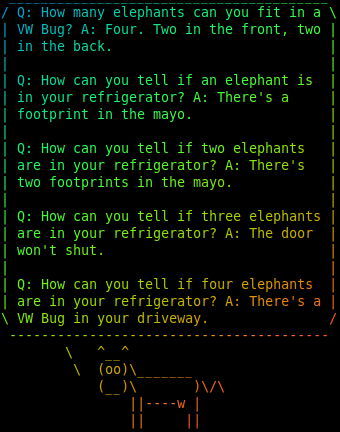 One possible result of entering 'fortune | cowsay | lolcat' in the terminal
